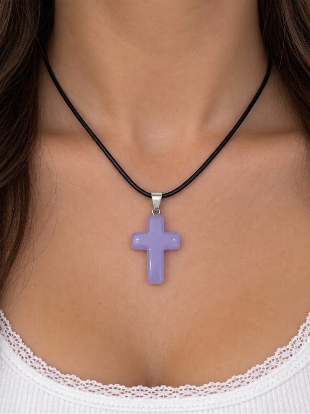 Lavender Cross Pendant Black Faux Leather Look Cord Necklace